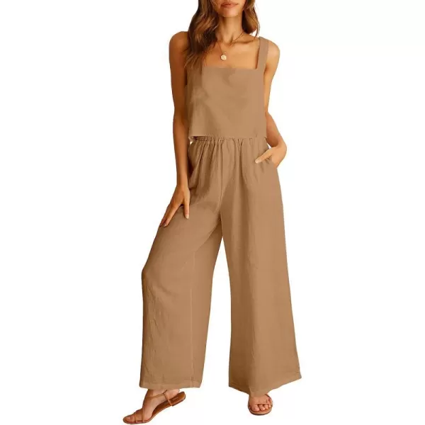 imageANRABESS Womens 2 Piece Outfits Square Neck Linen Tank Crop Top Wide Leg Pants Matching Lounge Set TracksuitLight Brown