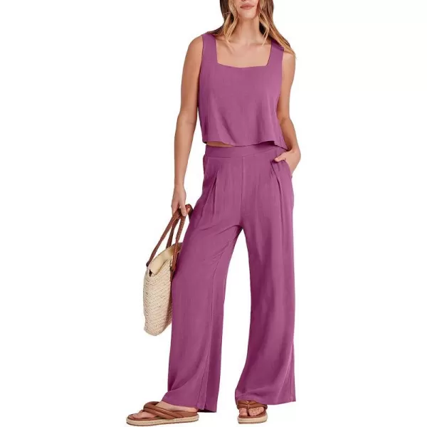 imageANRABESS Womens 2 Piece Outfits Square Neck Linen Tank Crop Top Wide Leg Pants Matching Lounge Set TracksuitRose