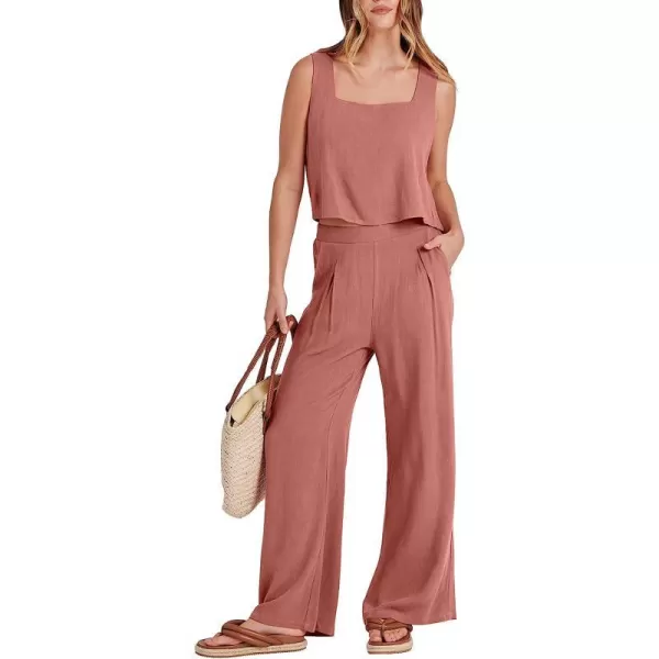 imageANRABESS Womens 2 Piece Outfits Square Neck Linen Tank Crop Top Wide Leg Pants Matching Lounge Set TracksuitRust