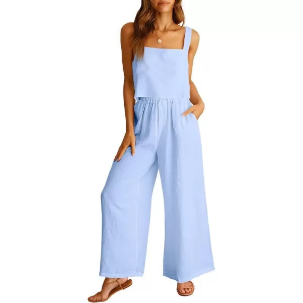 imageANRABESS Womens 2 Piece Outfits Square Neck Linen Tank Crop Top Wide Leg Pants Matching Lounge Set TracksuitSky