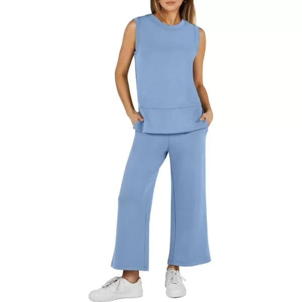 imageANRABESS Womens 2 Piece Outfits Summer Outfits Sleeveless Wide Leg Jumpsuits Casual Lounge SetsBlue