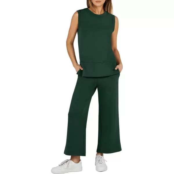 imageANRABESS Womens 2 Piece Outfits Summer Outfits Sleeveless Wide Leg Jumpsuits Casual Lounge SetsDeep Green