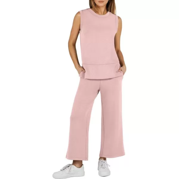 imageANRABESS Womens 2 Piece Outfits Summer Outfits Sleeveless Wide Leg Jumpsuits Casual Lounge SetsLight Pink
