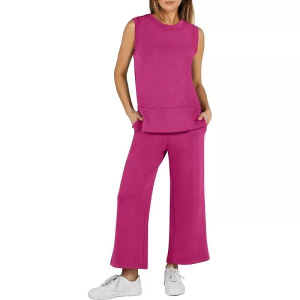 imageANRABESS Womens 2 Piece Outfits Summer Outfits Sleeveless Wide Leg Jumpsuits Casual Lounge SetsRose Red