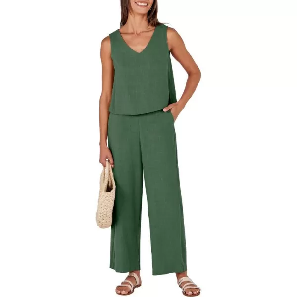 imageANRABESS Womens 2 Piece Outfits Summer Sleeveless Tank Crop Button Back Top Wide Leg Pants Linen Set with PocketsGreen