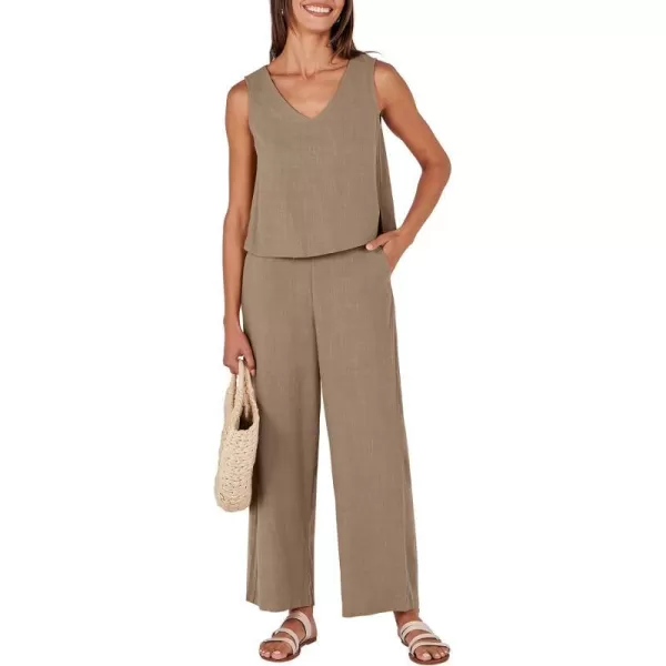 imageANRABESS Womens 2 Piece Outfits Summer Sleeveless Tank Crop Button Back Top Wide Leg Pants Linen Set with PocketsLight Brown