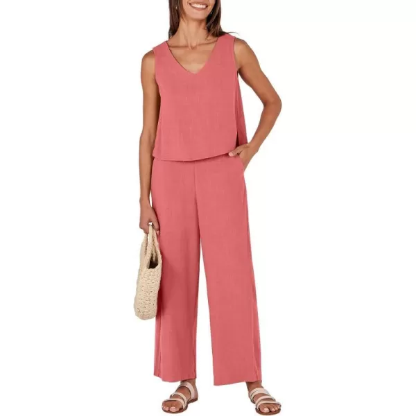 imageANRABESS Womens 2 Piece Outfits Summer Sleeveless Tank Crop Button Back Top Wide Leg Pants Linen Set with PocketsRed