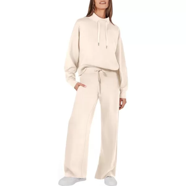 imageANRABESS Womens 2 Piece Outfits Sweatsuit Set 2023 Fall Drawstring Sweatshirt Wide Leg Sweatpant Lounge Set TracksuitApricot