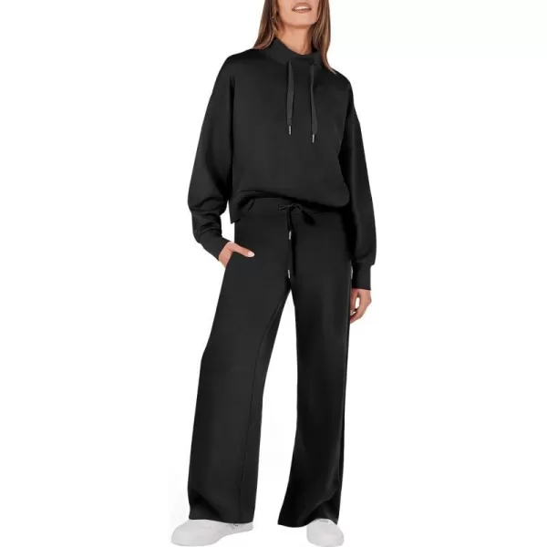 imageANRABESS Womens 2 Piece Outfits Sweatsuit Set 2023 Fall Drawstring Sweatshirt Wide Leg Sweatpant Lounge Set TracksuitBlack