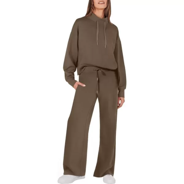 imageANRABESS Womens 2 Piece Outfits Sweatsuit Set 2023 Fall Drawstring Sweatshirt Wide Leg Sweatpant Lounge Set TracksuitBrown