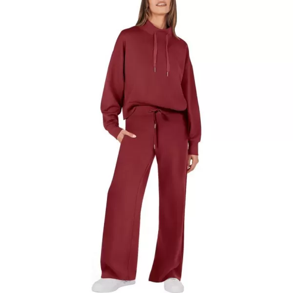imageANRABESS Womens 2 Piece Outfits Sweatsuit Set 2023 Fall Drawstring Sweatshirt Wide Leg Sweatpant Lounge Set TracksuitBurgundy