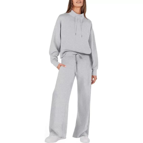 imageANRABESS Womens 2 Piece Outfits Sweatsuit Set 2023 Fall Drawstring Sweatshirt Wide Leg Sweatpant Lounge Set TracksuitGrey