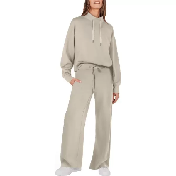 imageANRABESS Womens 2 Piece Outfits Sweatsuit Set 2023 Fall Drawstring Sweatshirt Wide Leg Sweatpant Lounge Set TracksuitLight Khaki