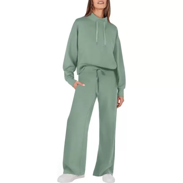 imageANRABESS Womens 2 Piece Outfits Sweatsuit Set 2023 Fall Drawstring Sweatshirt Wide Leg Sweatpant Lounge Set TracksuitPea Green