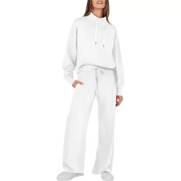 imageANRABESS Womens 2 Piece Outfits Sweatsuit Set 2023 Fall Drawstring Sweatshirt Wide Leg Sweatpant Lounge Set TracksuitWhite