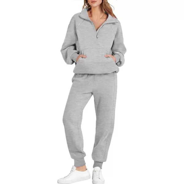 imageANRABESS Womens 2 Piece Outfits Sweatsuit Set Quarter Zip Long Sleeve Sweatshirt Jogger Sweatpants Tracksuit Lounge SetLight Grey