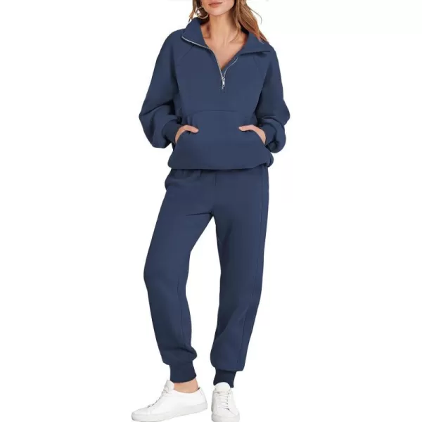 imageANRABESS Womens 2 Piece Outfits Sweatsuit Set Quarter Zip Long Sleeve Sweatshirt Jogger Sweatpants Tracksuit Lounge SetNavy Blue