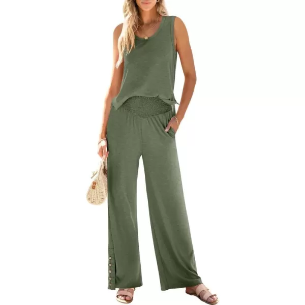 imageANRABESS Womens 2 Piece Sets Summer Casual Sleeveless Tank Crop Top Smocked High Waist Wide Leg Pants Jumpsuits OutfitsArmy Green