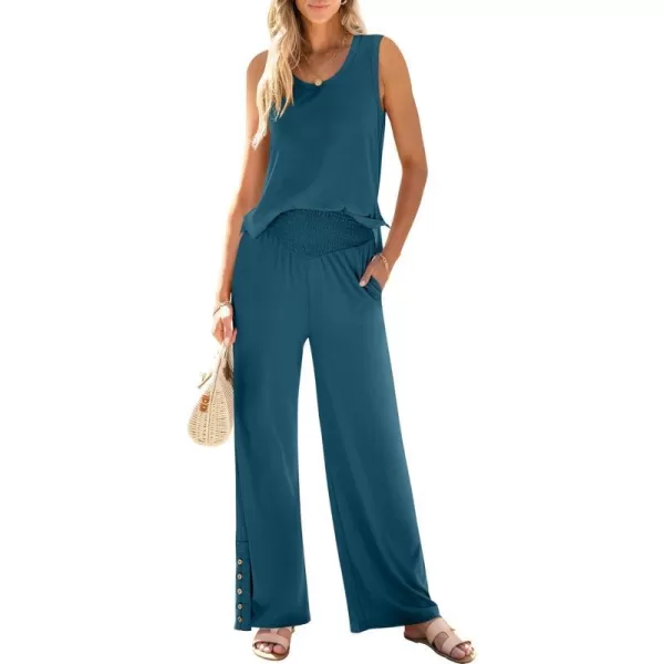 imageANRABESS Womens 2 Piece Sets Summer Casual Sleeveless Tank Crop Top Smocked High Waist Wide Leg Pants Jumpsuits OutfitsTeal Blue