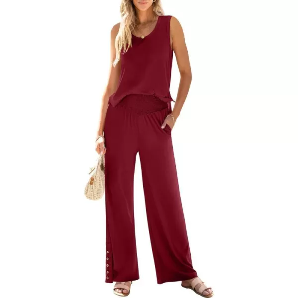 imageANRABESS Womens 2 Piece Sets Summer Casual Sleeveless Tank Crop Top Smocked High Waist Wide Leg Pants Jumpsuits OutfitsWine Red