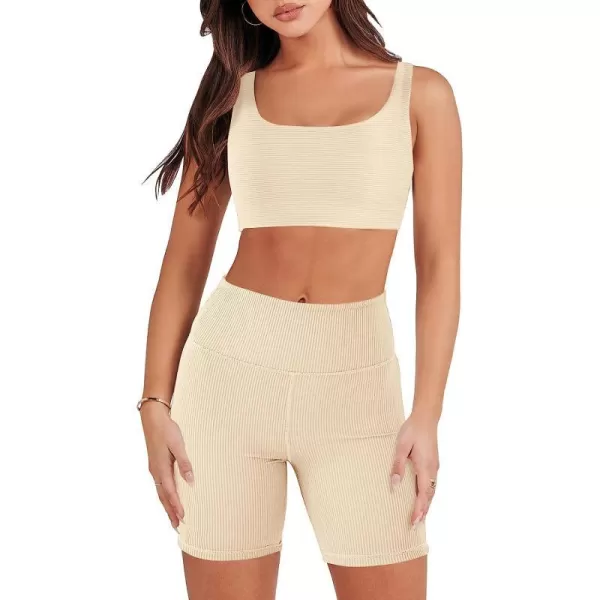 imageANRABESS Womens 2 Pieces Outfit Bodysuit Set Workout Sleeveless Crop Top Bodycon Yoga Leggings Gym Clothes Set TracksuitApricot