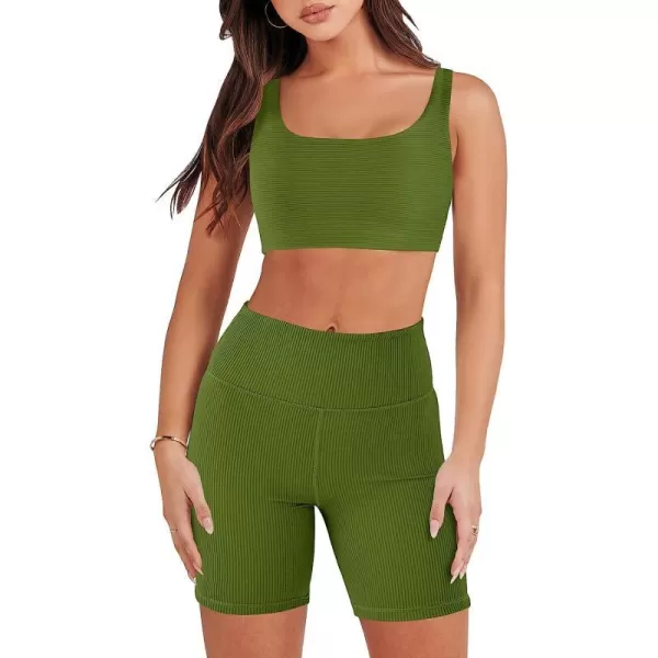 imageANRABESS Womens 2 Pieces Outfit Bodysuit Set Workout Sleeveless Crop Top Bodycon Yoga Leggings Gym Clothes Set TracksuitArmy Green