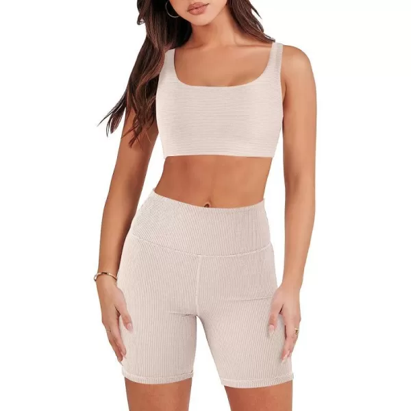 imageANRABESS Womens 2 Pieces Outfit Bodysuit Set Workout Sleeveless Crop Top Bodycon Yoga Leggings Gym Clothes Set TracksuitBeige