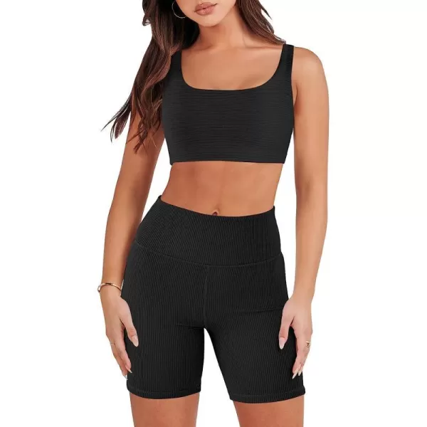 imageANRABESS Womens 2 Pieces Outfit Bodysuit Set Workout Sleeveless Crop Top Bodycon Yoga Leggings Gym Clothes Set TracksuitBlack