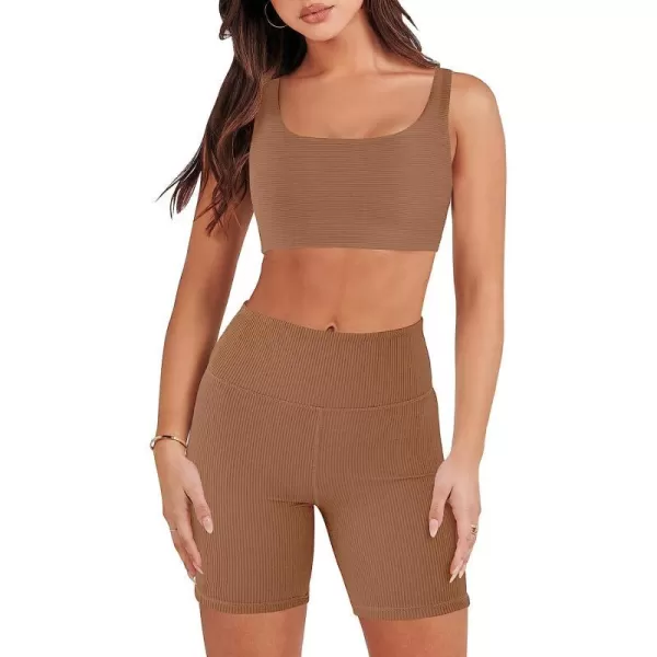 imageANRABESS Womens 2 Pieces Outfit Bodysuit Set Workout Sleeveless Crop Top Bodycon Yoga Leggings Gym Clothes Set TracksuitBrown
