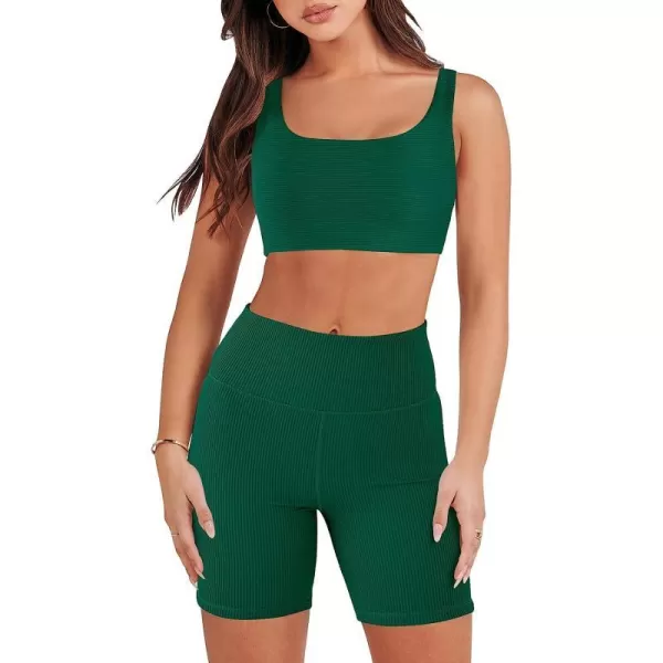 imageANRABESS Womens 2 Pieces Outfit Bodysuit Set Workout Sleeveless Crop Top Bodycon Yoga Leggings Gym Clothes Set TracksuitDeep Green