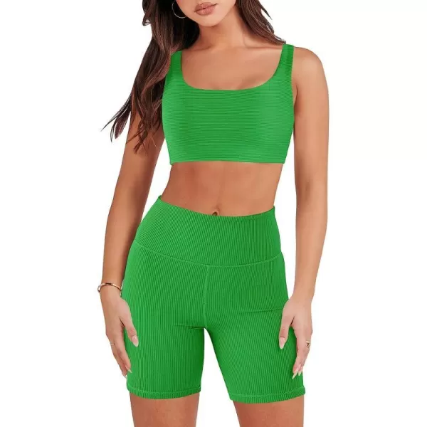 imageANRABESS Womens 2 Pieces Outfit Bodysuit Set Workout Sleeveless Crop Top Bodycon Yoga Leggings Gym Clothes Set TracksuitGreen