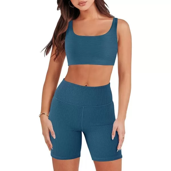 imageANRABESS Womens 2 Pieces Outfit Bodysuit Set Workout Sleeveless Crop Top Bodycon Yoga Leggings Gym Clothes Set TracksuitLake