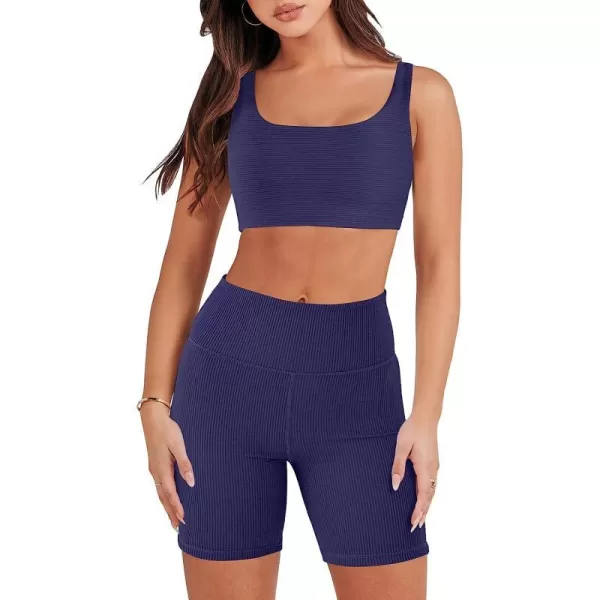 imageANRABESS Womens 2 Pieces Outfit Bodysuit Set Workout Sleeveless Crop Top Bodycon Yoga Leggings Gym Clothes Set TracksuitNavy Blue