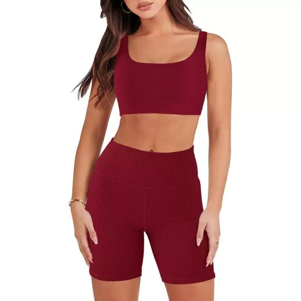 imageANRABESS Womens 2 Pieces Outfit Bodysuit Set Workout Sleeveless Crop Top Bodycon Yoga Leggings Gym Clothes Set TracksuitRed
