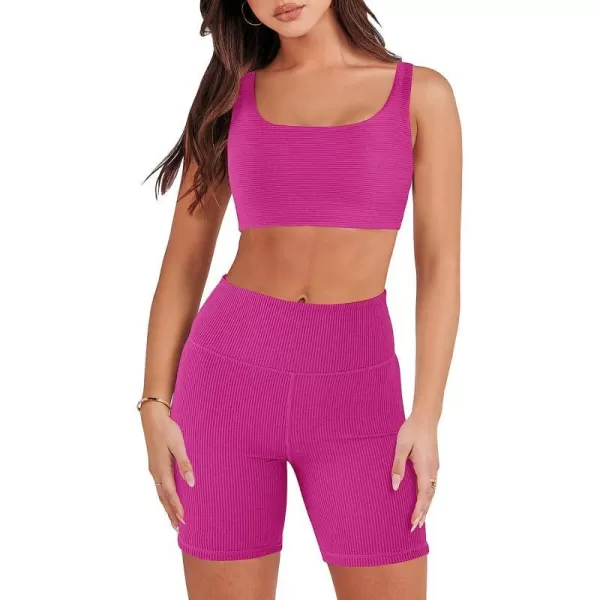 imageANRABESS Womens 2 Pieces Outfit Bodysuit Set Workout Sleeveless Crop Top Bodycon Yoga Leggings Gym Clothes Set TracksuitRose