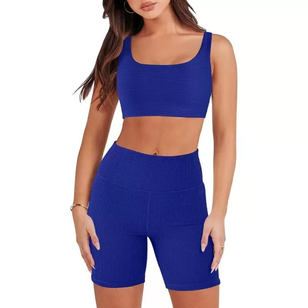 imageANRABESS Womens 2 Pieces Outfit Bodysuit Set Workout Sleeveless Crop Top Bodycon Yoga Leggings Gym Clothes Set TracksuitRoyal Blue