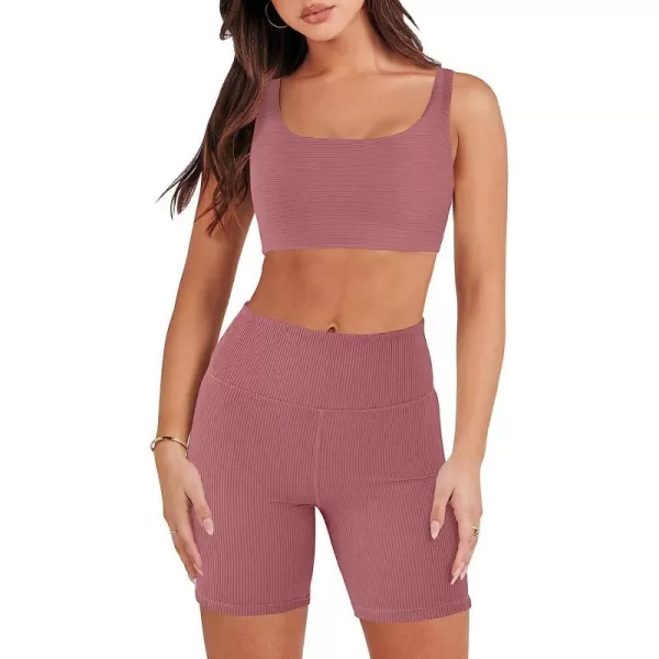 imageANRABESS Womens 2 Pieces Outfit Bodysuit Set Workout Sleeveless Crop Top Bodycon Yoga Leggings Gym Clothes Set TracksuitRust Pink