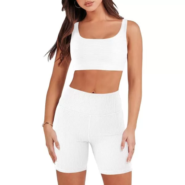 imageANRABESS Womens 2 Pieces Outfit Bodysuit Set Workout Sleeveless Crop Top Bodycon Yoga Leggings Gym Clothes Set TracksuitWhite