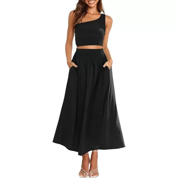 imageANRABESS Womens 2 Pieces Outfits One Shoulder Smocked Crop Top amp High Waist Long Skirt Dress Set with PocketsBlack