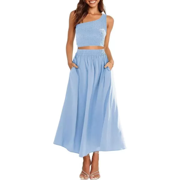 imageANRABESS Womens 2 Pieces Outfits One Shoulder Smocked Crop Top amp High Waist Long Skirt Dress Set with PocketsBlue