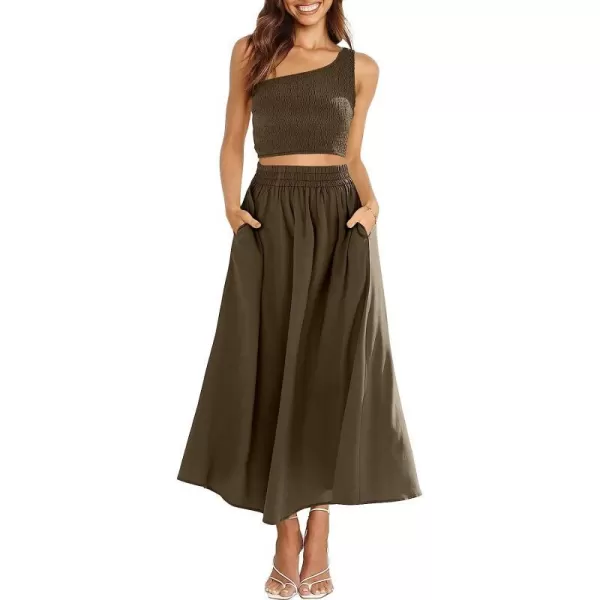 imageANRABESS Womens 2 Pieces Outfits One Shoulder Smocked Crop Top amp High Waist Long Skirt Dress Set with PocketsCoffee