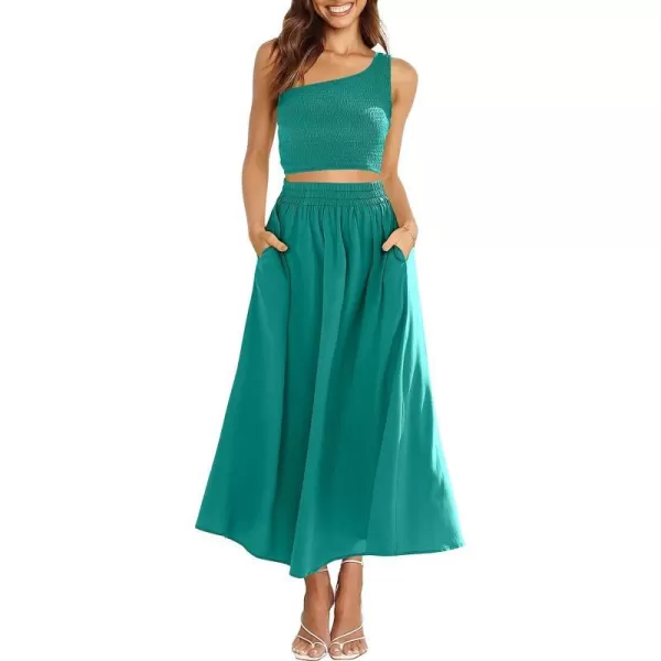 imageANRABESS Womens 2 Pieces Outfits One Shoulder Smocked Crop Top amp High Waist Long Skirt Dress Set with PocketsLake