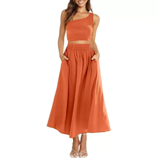 imageANRABESS Womens 2 Pieces Outfits One Shoulder Smocked Crop Top amp High Waist Long Skirt Dress Set with PocketsOrange Red