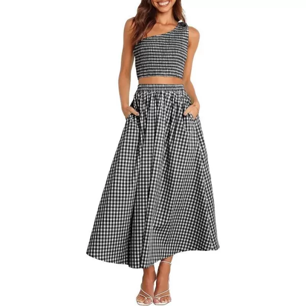 imageANRABESS Womens 2 Pieces Outfits One Shoulder Smocked Crop Top amp High Waist Long Skirt Dress Set with PocketsPlaid Black