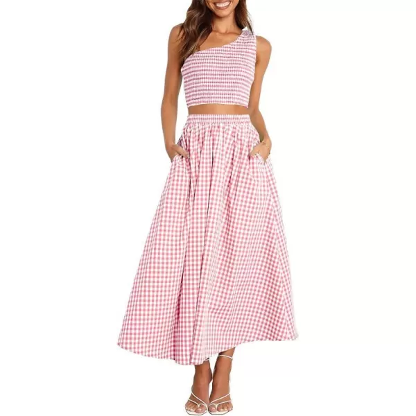 imageANRABESS Womens 2 Pieces Outfits One Shoulder Smocked Crop Top amp High Waist Long Skirt Dress Set with PocketsPlaid Pink