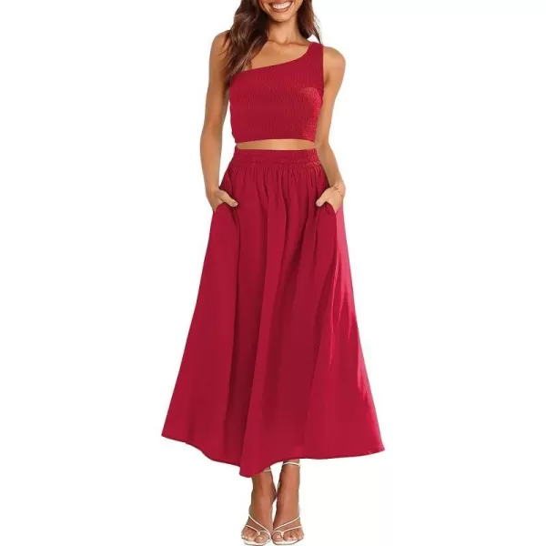 imageANRABESS Womens 2 Pieces Outfits One Shoulder Smocked Crop Top amp High Waist Long Skirt Dress Set with PocketsRed