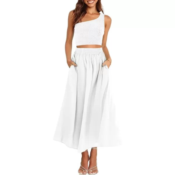 imageANRABESS Womens 2 Pieces Outfits One Shoulder Smocked Crop Top amp High Waist Long Skirt Dress Set with PocketsWhite