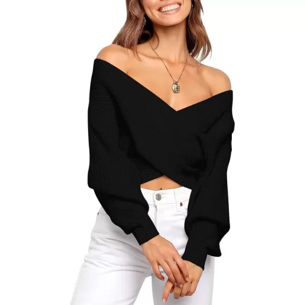 imageANRABESS Womens 2022 Fall Fashion Long Sleeve Off Shoulder Crissover V Neck Knit Cropped Sweater TopBlack