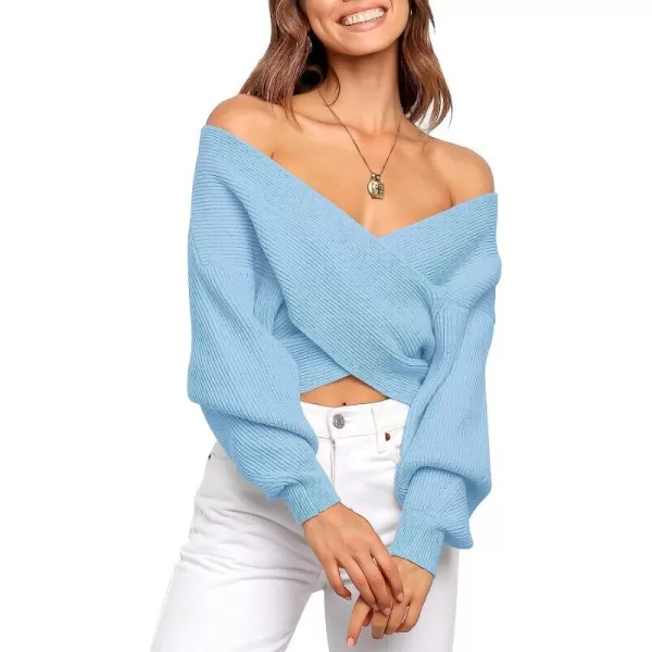 imageANRABESS Womens 2022 Fall Fashion Long Sleeve Off Shoulder Crissover V Neck Knit Cropped Sweater TopBlue