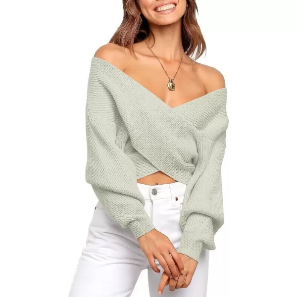 imageANRABESS Womens 2022 Fall Fashion Long Sleeve Off Shoulder Crissover V Neck Knit Cropped Sweater TopGray